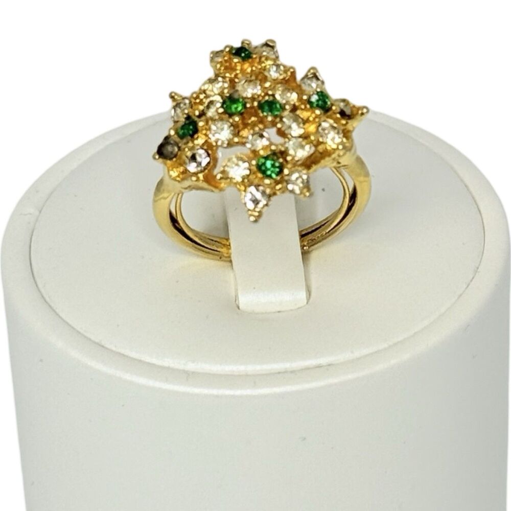 Rhinestone Flower Ring Sz 6 Gold Tone Cluster Spring Floral
